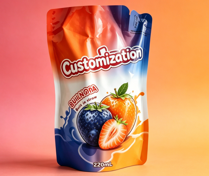 Wbudowane woreczki ze słomką o pojemności 220 ml z nadrukiem na napoje z sokiem i przecierem owocowym