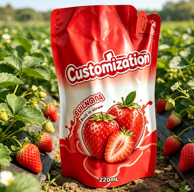 Wbudowane woreczki ze słomką o pojemności 220 ml z nadrukiem na napoje z sokiem i przecierem owocowym