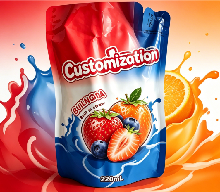 Wbudowane woreczki ze słomką o pojemności 220 ml z nadrukiem na napoje z sokiem i przecierem owocowym
