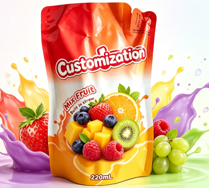 220 ml mieszanego soku owocowego Wbudowane torebki ze słomy Torby do pakowania napojów z nadrukiem na zamówienie