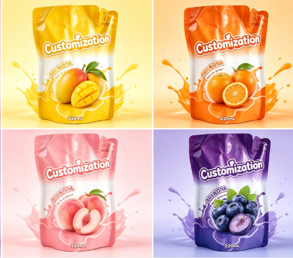 Multi Flavours 220 ml Wbudowane woreczki do wyciskania słomy Niestandardowe torby do pakowania przecierów owocowych i soków