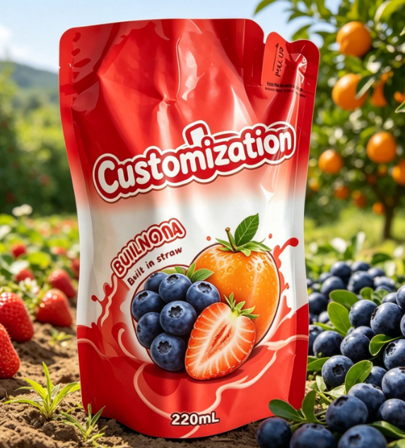 220 ml puree z owoców mango. Wbudowane torebki ze słomy. Torby do pakowania napojów z nadrukiem na zamówienie