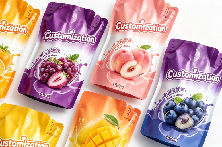 Multi Flavours 220 ml Wbudowane woreczki do wyciskania słomy Niestandardowe torby do pakowania przecierów owocowych i soków