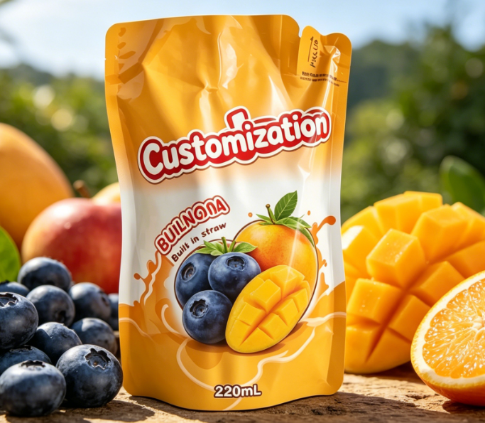 220 ml puree z owoców mango. Wbudowane torebki ze słomy. Torby do pakowania napojów z nadrukiem na zamówienie