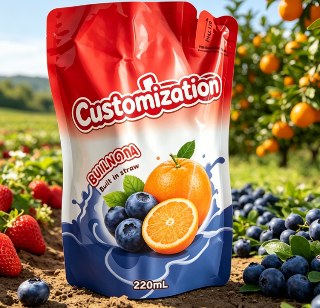 220 ml puree z owoców mango. Wbudowane torebki ze słomy. Torby do pakowania napojów z nadrukiem na zamówienie
